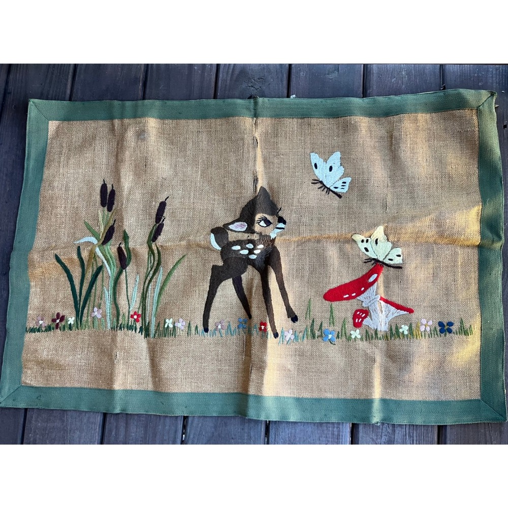 Vintage Burlap Crewel Embroidery Bambi Deer Mushroom Butterfly Woodland 26x16